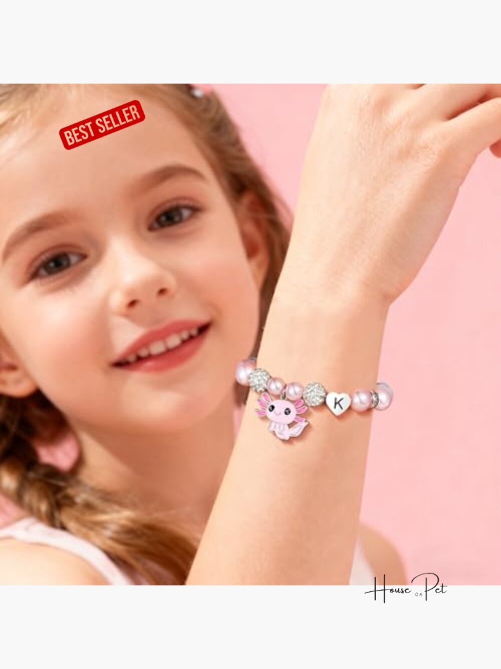 Cute Axolotl Heart Initial Bracelet CZ Rhinestone Beads and Pearl Bracelet - Picture 3 of 7